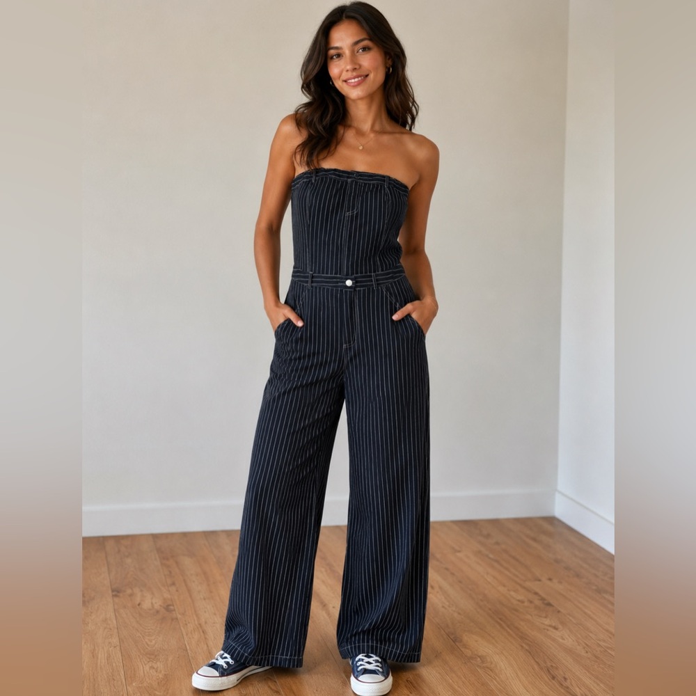 ROMWE Pinstripe Strapless Wide-Leg Jumpsuit
